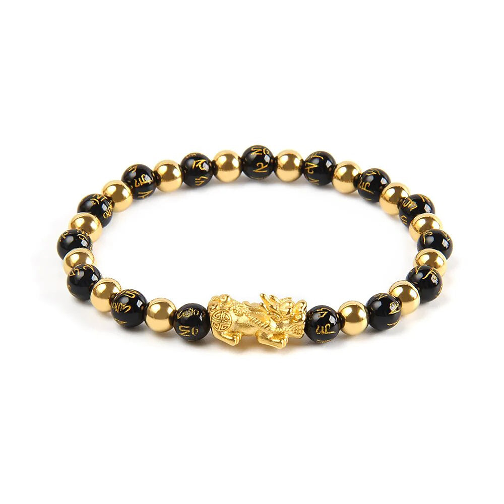 Obsidian & Gold Bead Feng Shui Bracelet, Gold Pixiu Wealth Bracelet