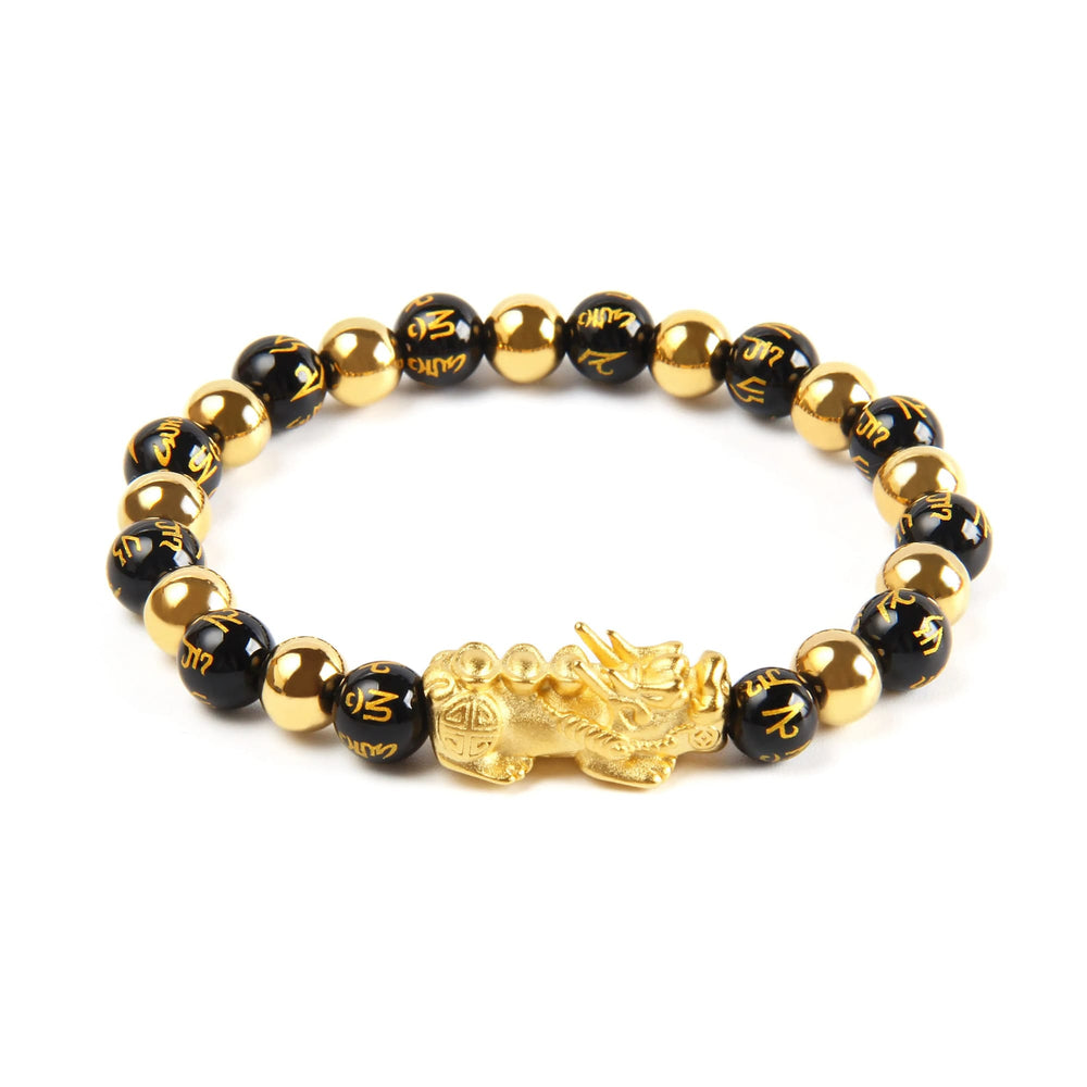 Obsidian & Gold Bead Feng Shui Bracelet, Gold Pixiu Wealth Bracelet