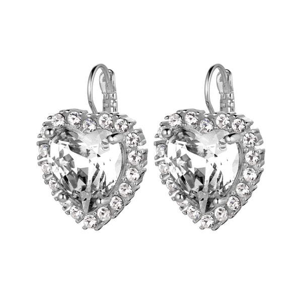 Clear Crystal Heart With White Stone Silver Earrings, Sterling Silver Plated Earring With One Heart Crystal Charm