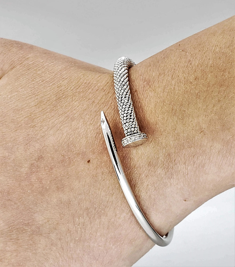 14K White Gold Cuff Nail Bracelet With Cubic Zirconia 100% Exclusive Bracelet