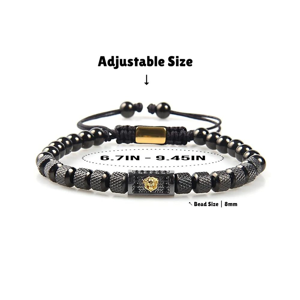 Gold Lion Bracelet, Black Steel Beads With Cubic Zirconia Bracelet