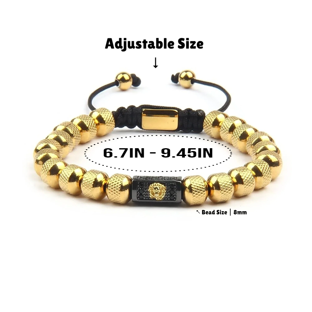 Gold Lion Bracelet, Gold Color Steel Beads With Cubic Zirconia Bracelet