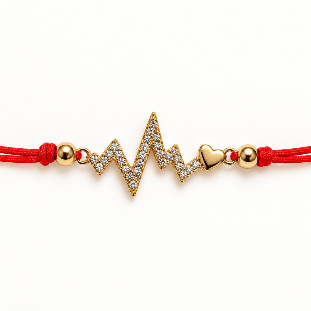 Red String Heartbeat Bracelet - Gold Plated Sterling Silver & CZ