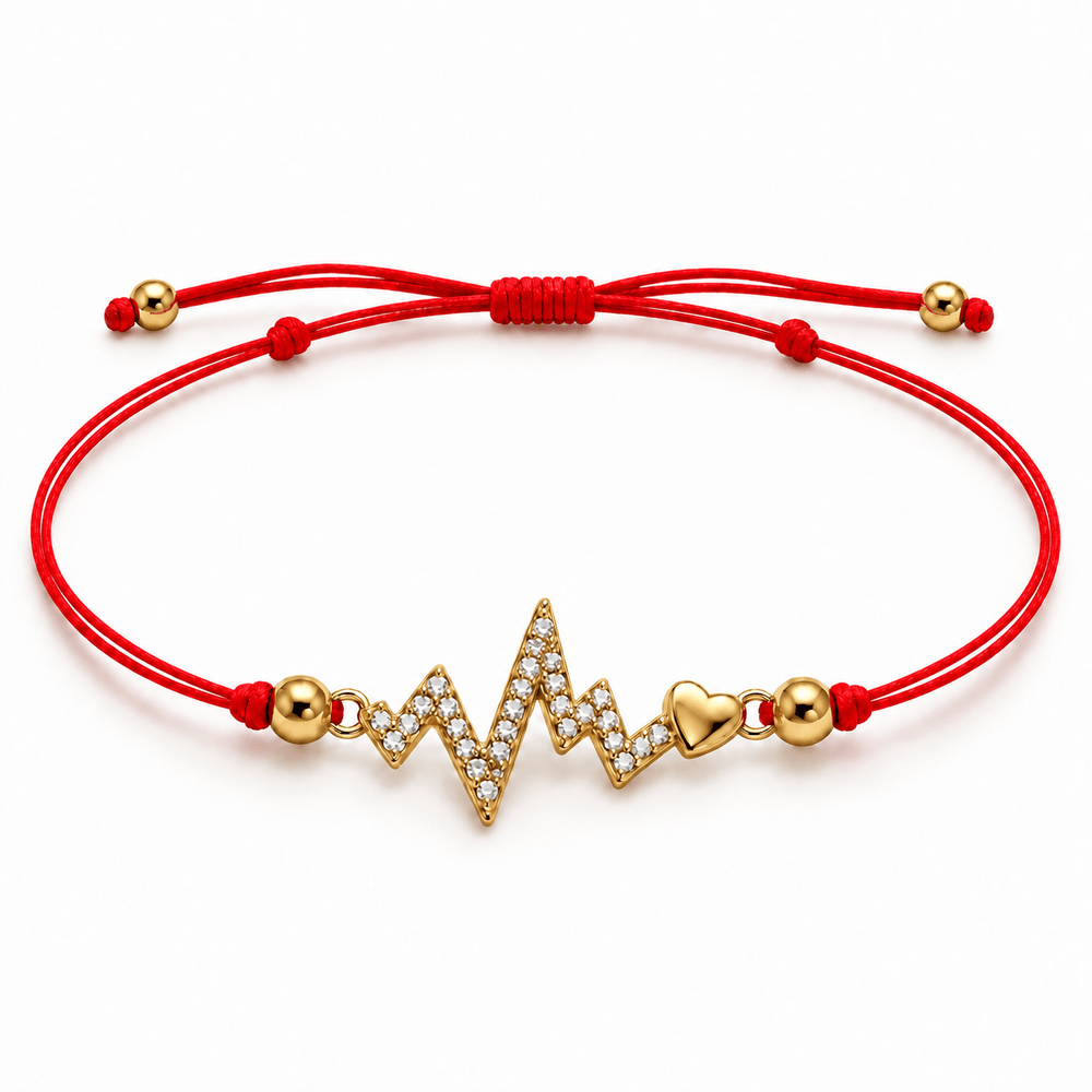 Red String Heartbeat Bracelet - Gold Plated Sterling Silver & CZ