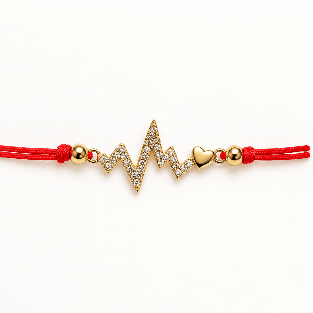 Red String Heartbeat Bracelet - Gold Plated Sterling Silver & CZ