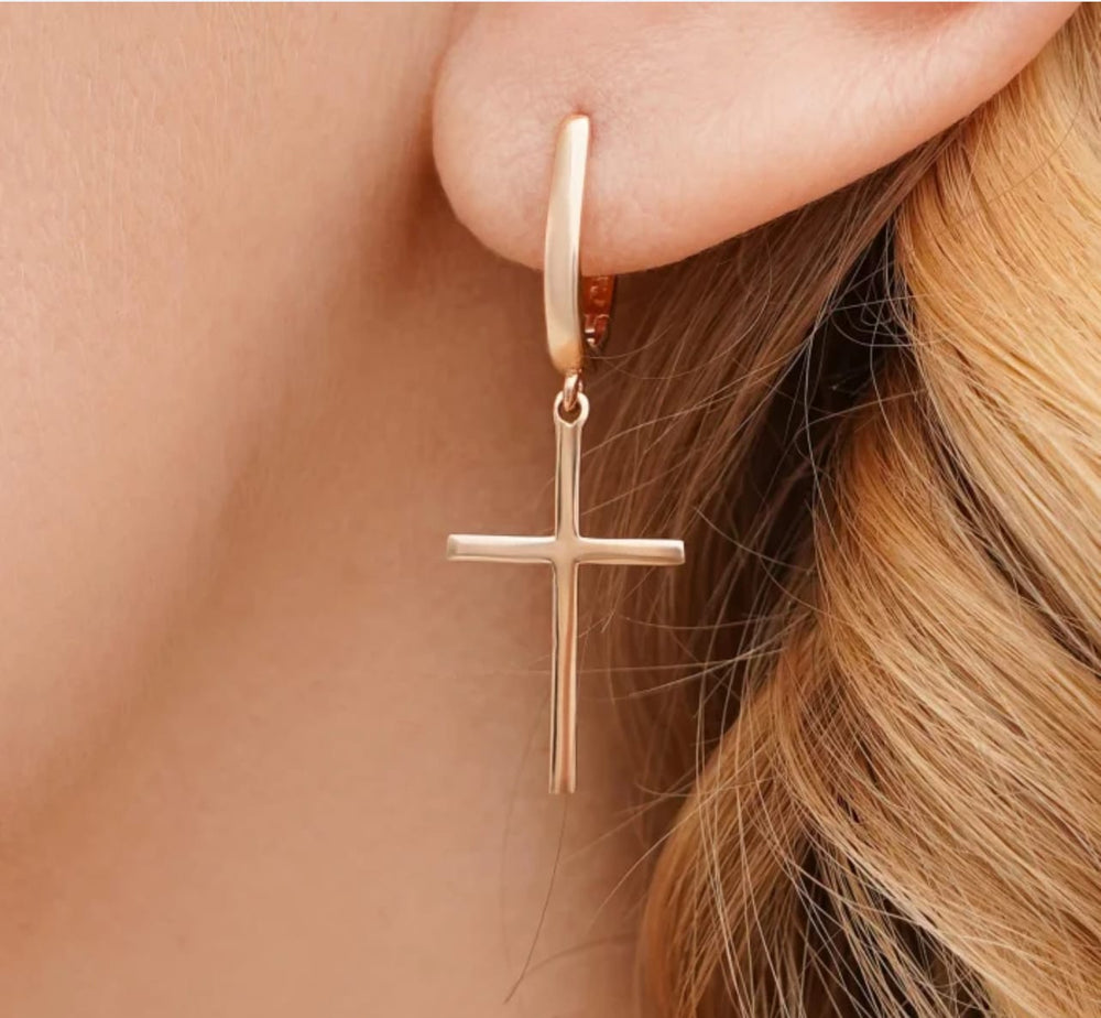 14K Rose Gold Cross Threader Earrings - Elegance With A Timeless Symbol