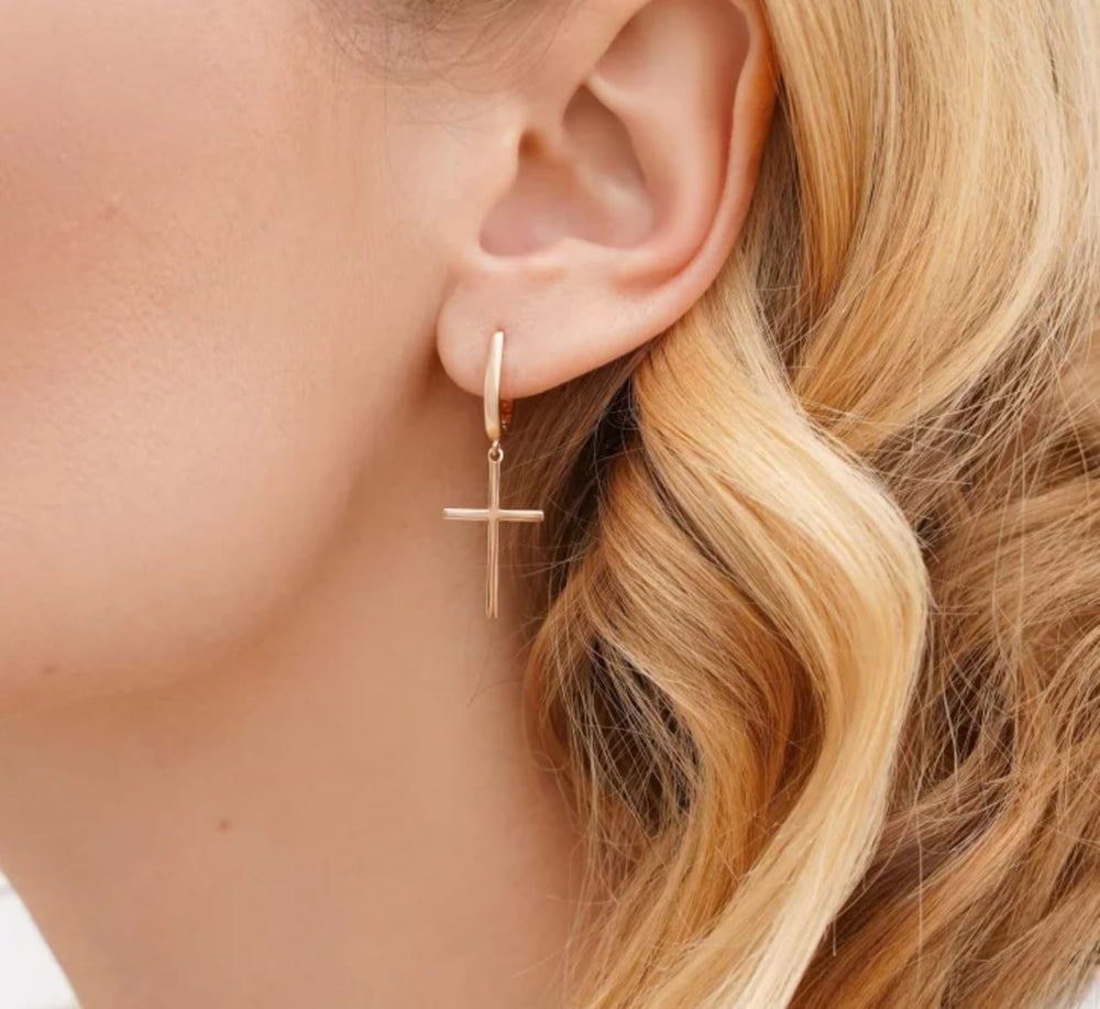 14K Rose Gold Cross Threader Earrings - Elegance With A Timeless Symbol