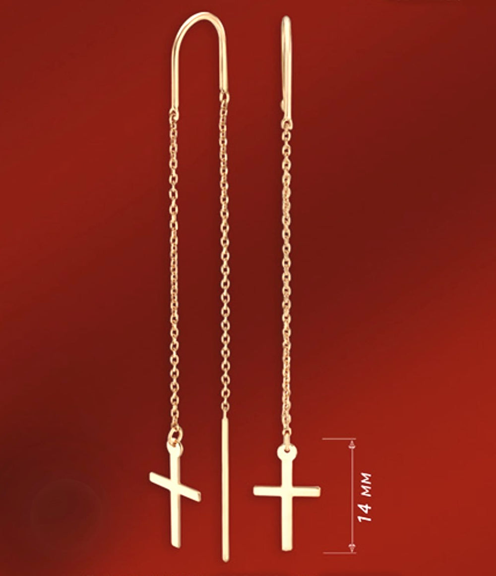 14K Rose Gold Cross Threader Earrings - Elegance With A Timeless Symbol