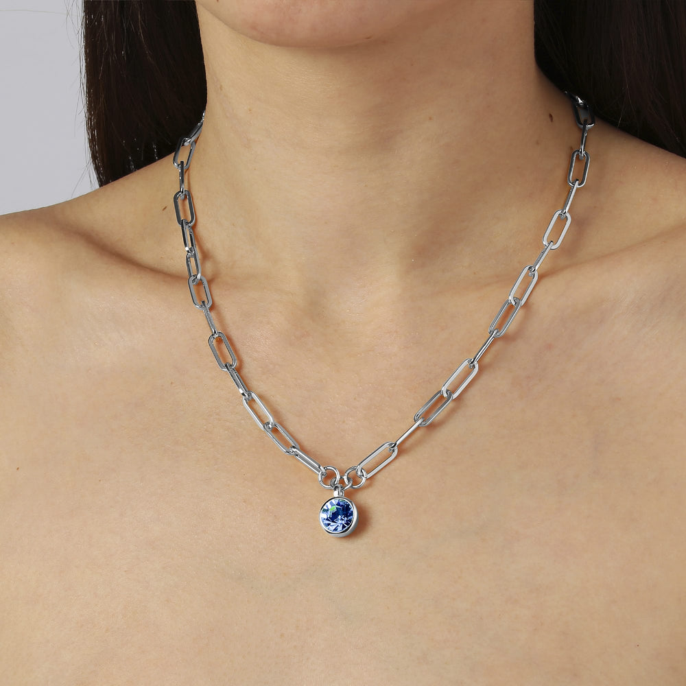 Light Sapphire Blue Crystal Silver Necklace, Blue Stone Round Charm Necklace