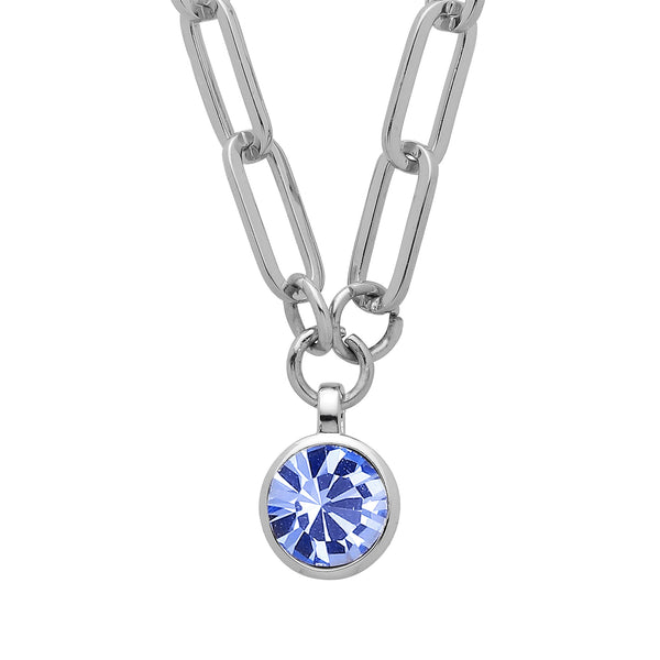 Light Sapphire Blue Crystal Silver Necklace, Blue Stone Round Charm Necklace