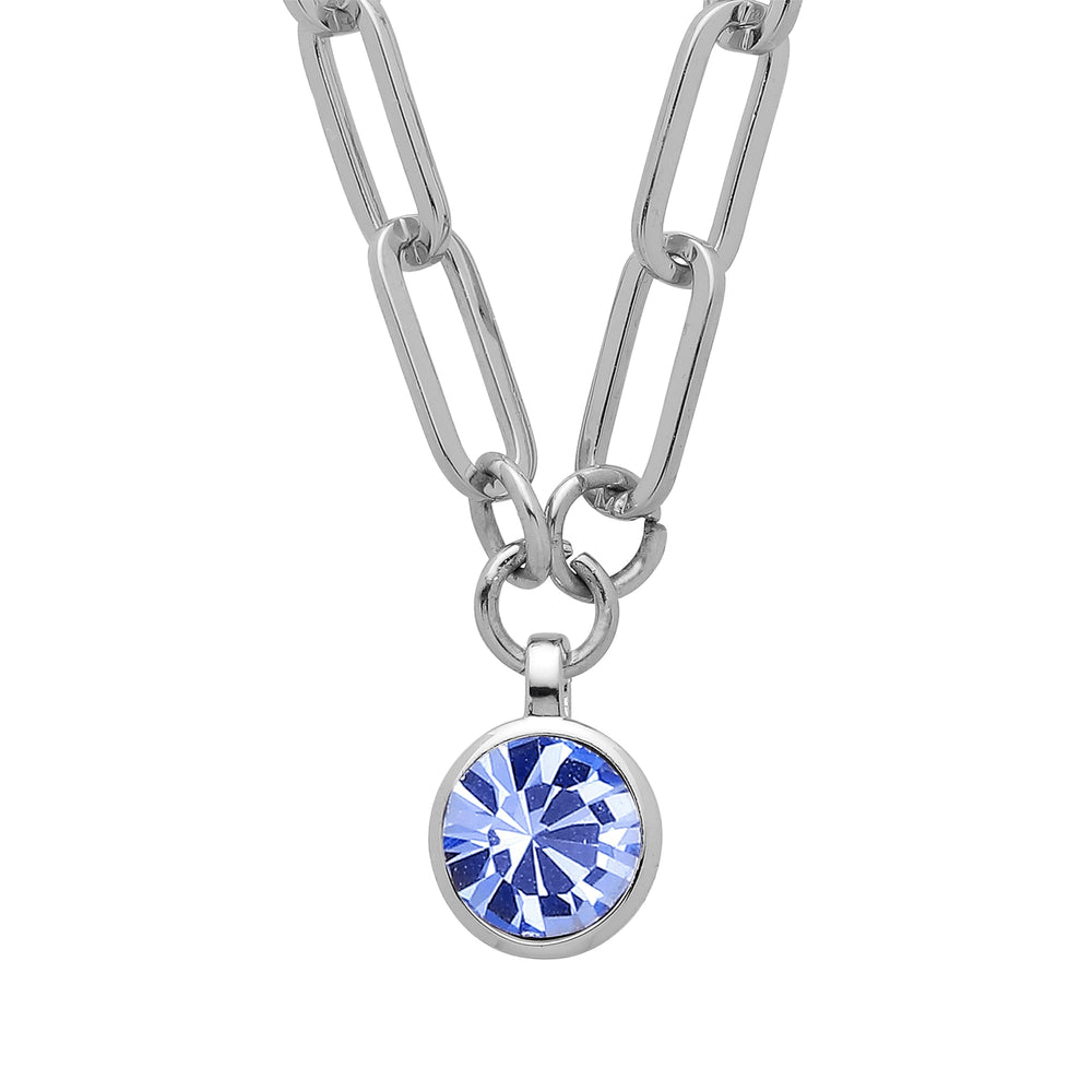 Light Sapphire Blue Crystal Silver Necklace, Blue Stone Round Charm Necklace