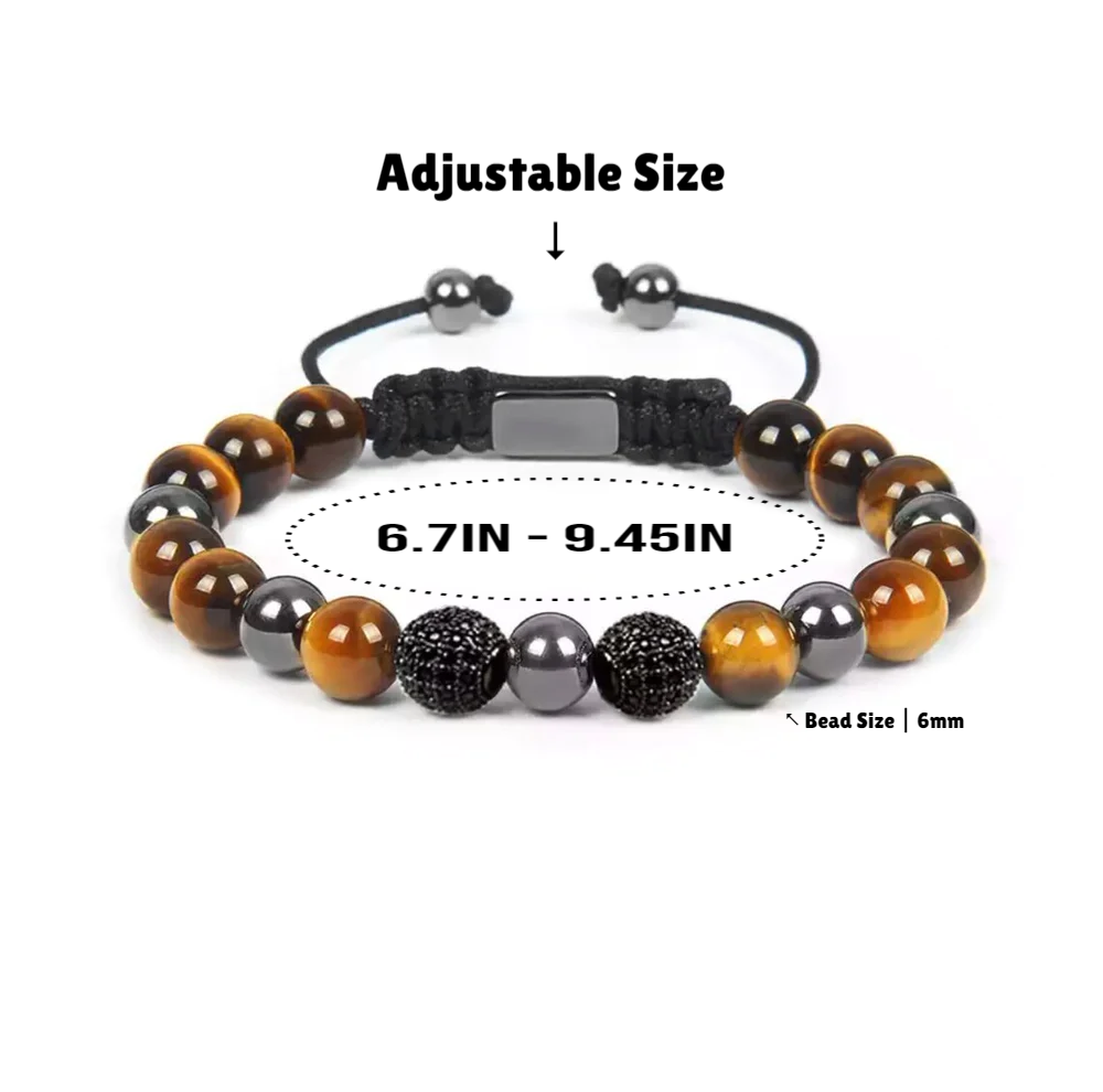 Mens Tiger Eye Bracelet, Steel Beads & Tiger's Eye With Cubic Zirconia Bracelet