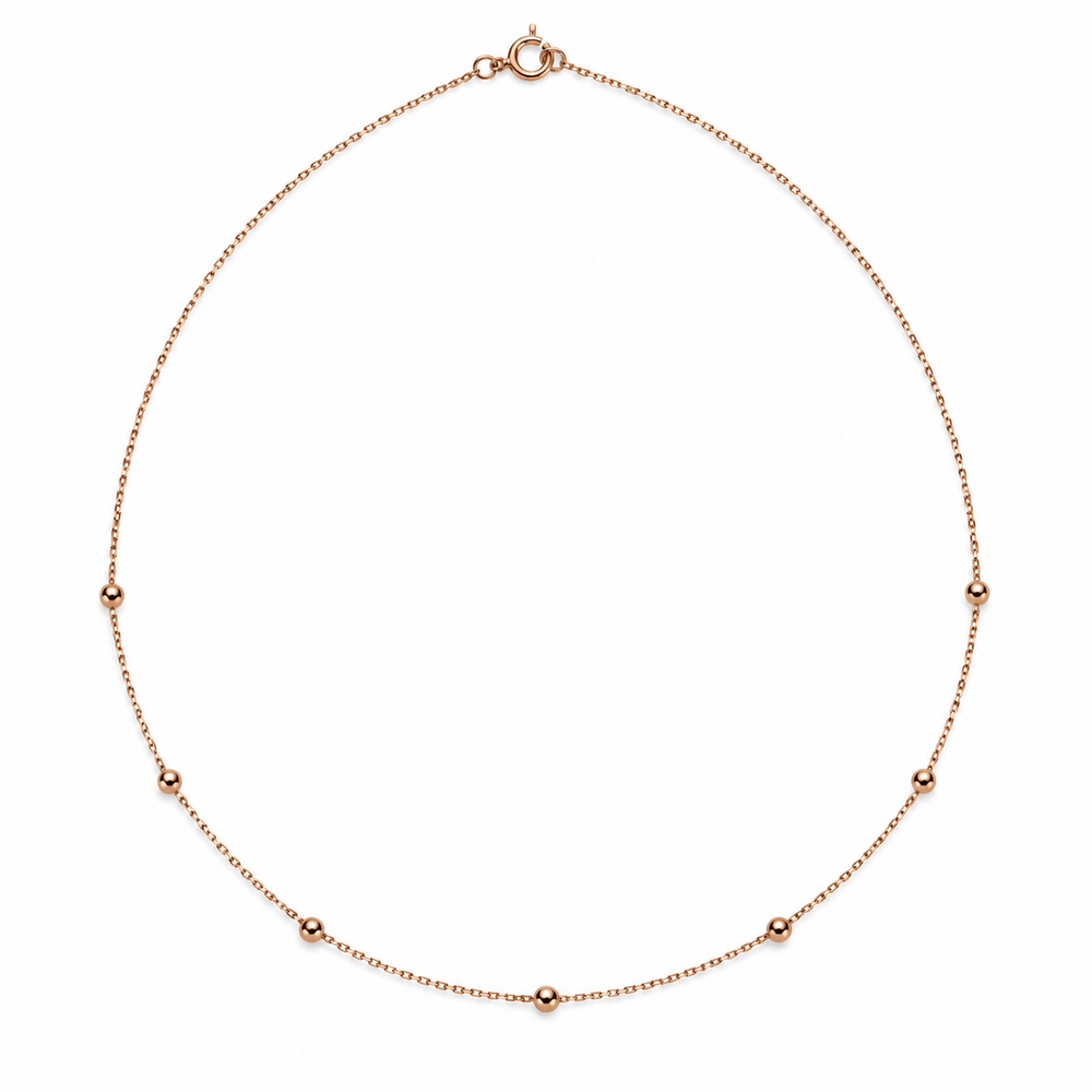 14K Solid Rose Gold Beaded Necklace, Dainty Ball Chain Necklace, Best Gift For Her