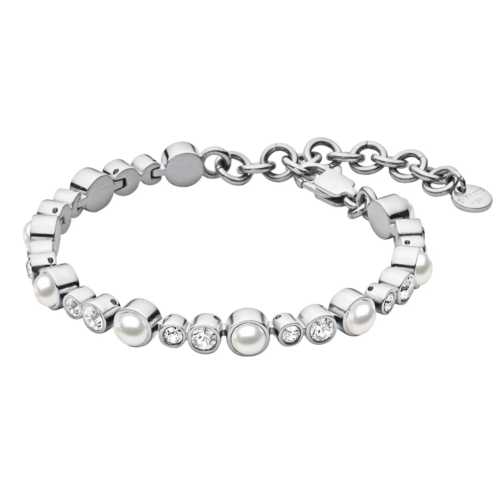 White Pearl Clear Crystal Tennis Bracelet, Clear Crystal Pearl Silver Plated Tennis Bracelet