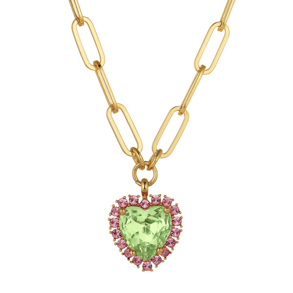 Peridot Heart And Pink Crystals Gold Necklace, Light Green Crystal Heart Charm Necklace