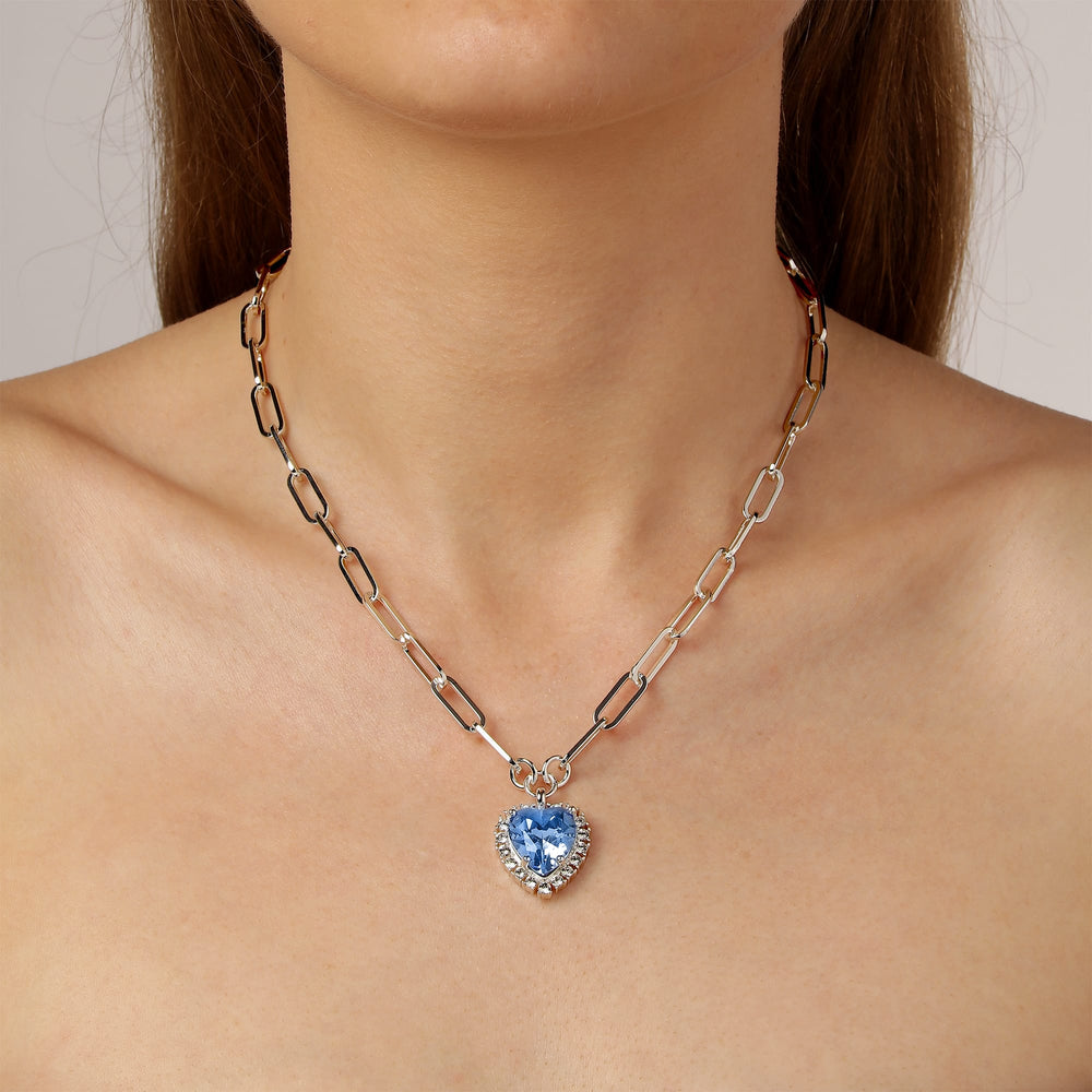 Blue Topaz Heart And Clear Crystals Silver Necklace, Light Blue Crystal Heart Charm Necklace