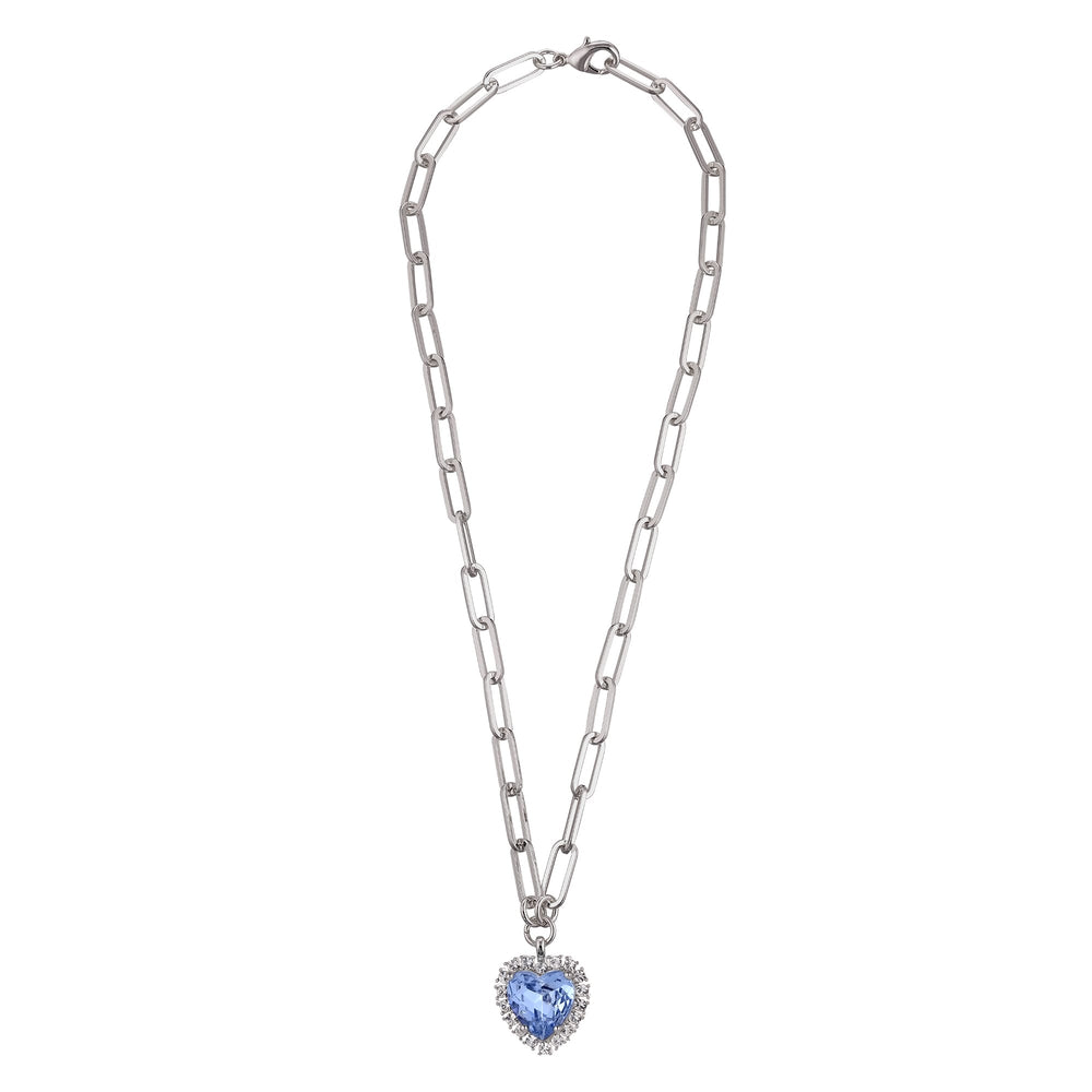 Blue Topaz Heart And Clear Crystals Silver Necklace, Light Blue Crystal Heart Charm Necklace