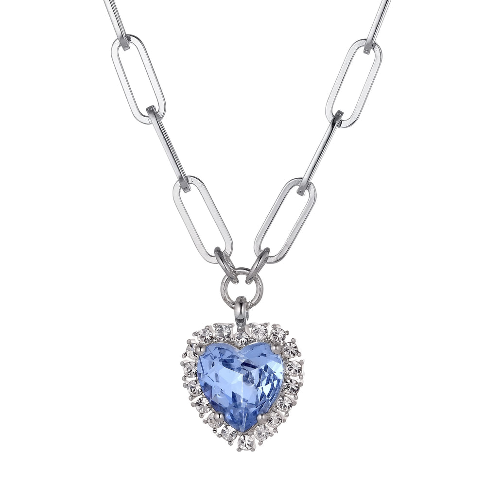 Blue Topaz Heart And Clear Crystals Silver Necklace, Light Blue Crystal Heart Charm Necklace