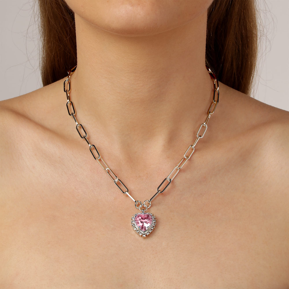 Rose Quartz Heart And Clear Crystals Silver Necklace, Light Rose Crystal Heart Charm Necklace