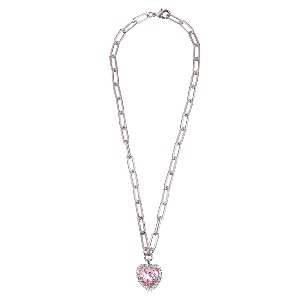 Rose Quartz Heart And Clear Crystals Silver Necklace, Light Rose Crystal Heart Charm Necklace