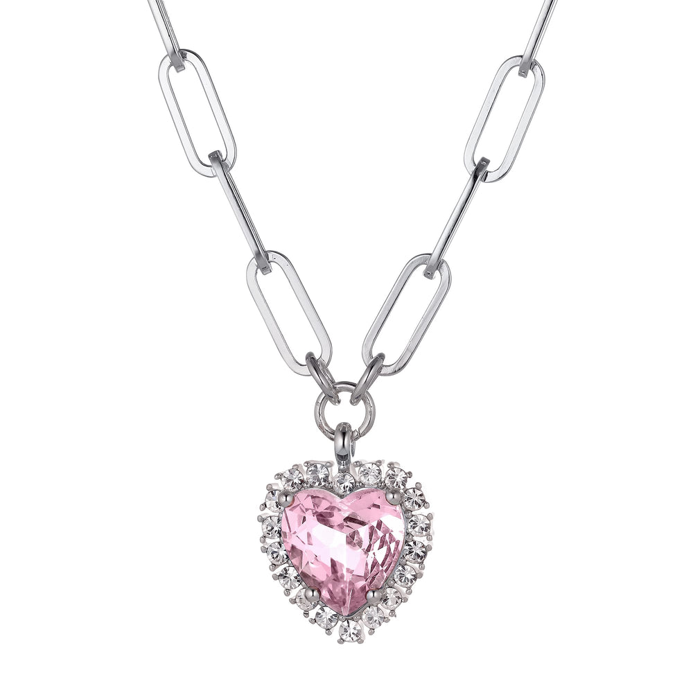 Rose Quartz Heart And Clear Crystals Silver Necklace, Light Rose Crystal Heart Charm Necklace