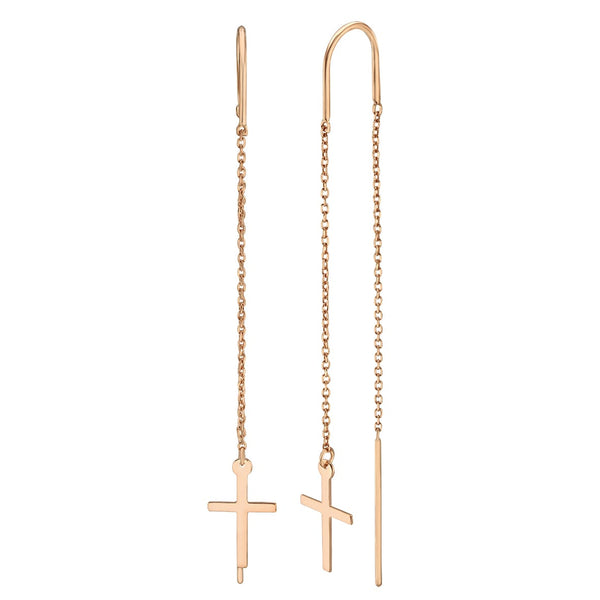 14K Rose Gold Cross Threader Earrings - Elegance With A Timeless Symbol