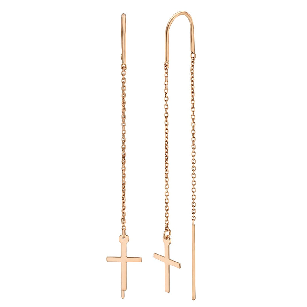 14K Rose Gold Cross Threader Earrings - Elegance With A Timeless Symbol