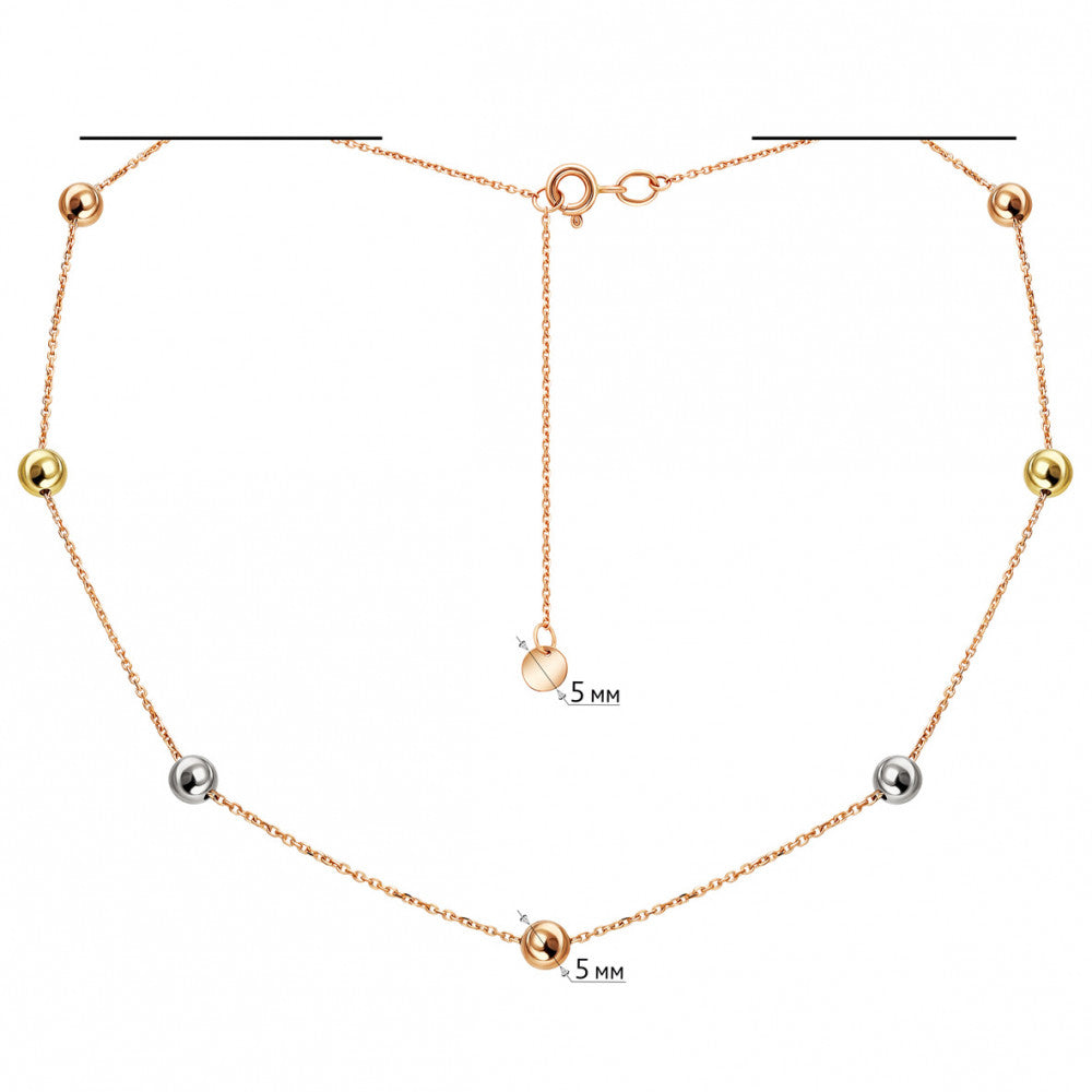 14K Solid Rose Gold Necklace with Three-Tone Gold Beads