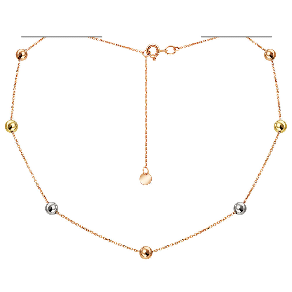 14K Solid Rose Gold Necklace with Three-Tone Gold Beads