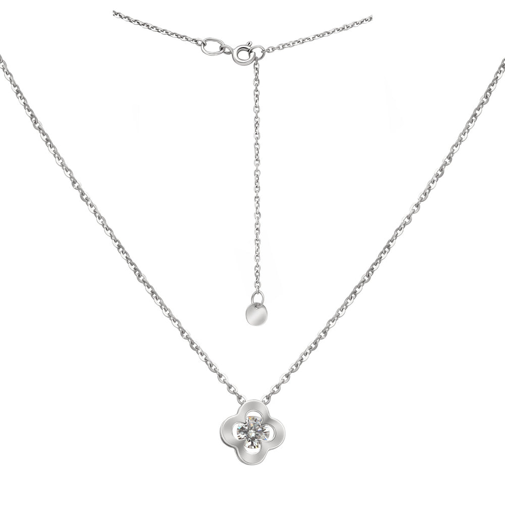 14K Solid White Gold Clover Necklace with Cubic Zirconia, Dainty Pendant Necklace, Gift for Her