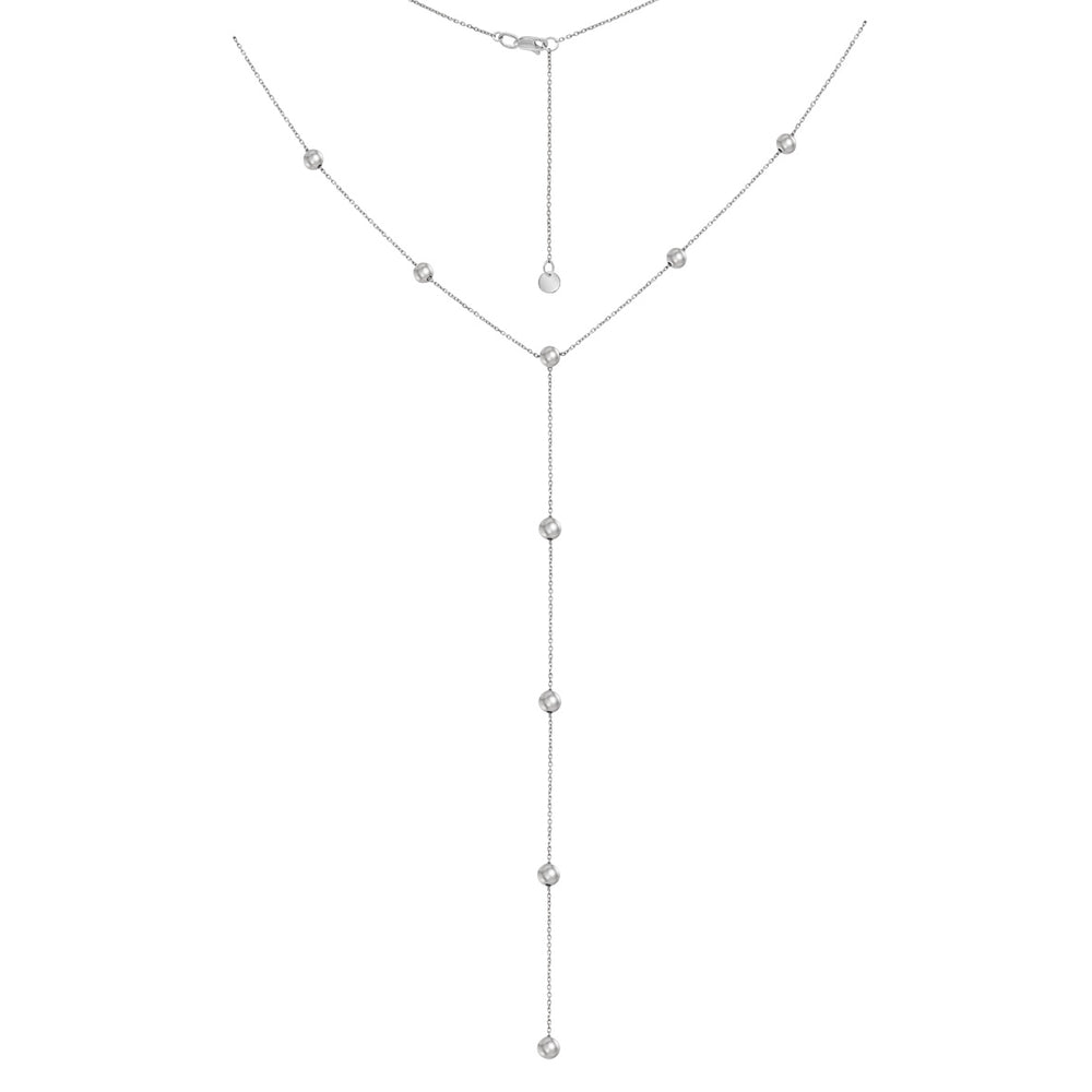 14K Solid White Gold Y Necklace with Bead Details, Delicate Lariat Necklace