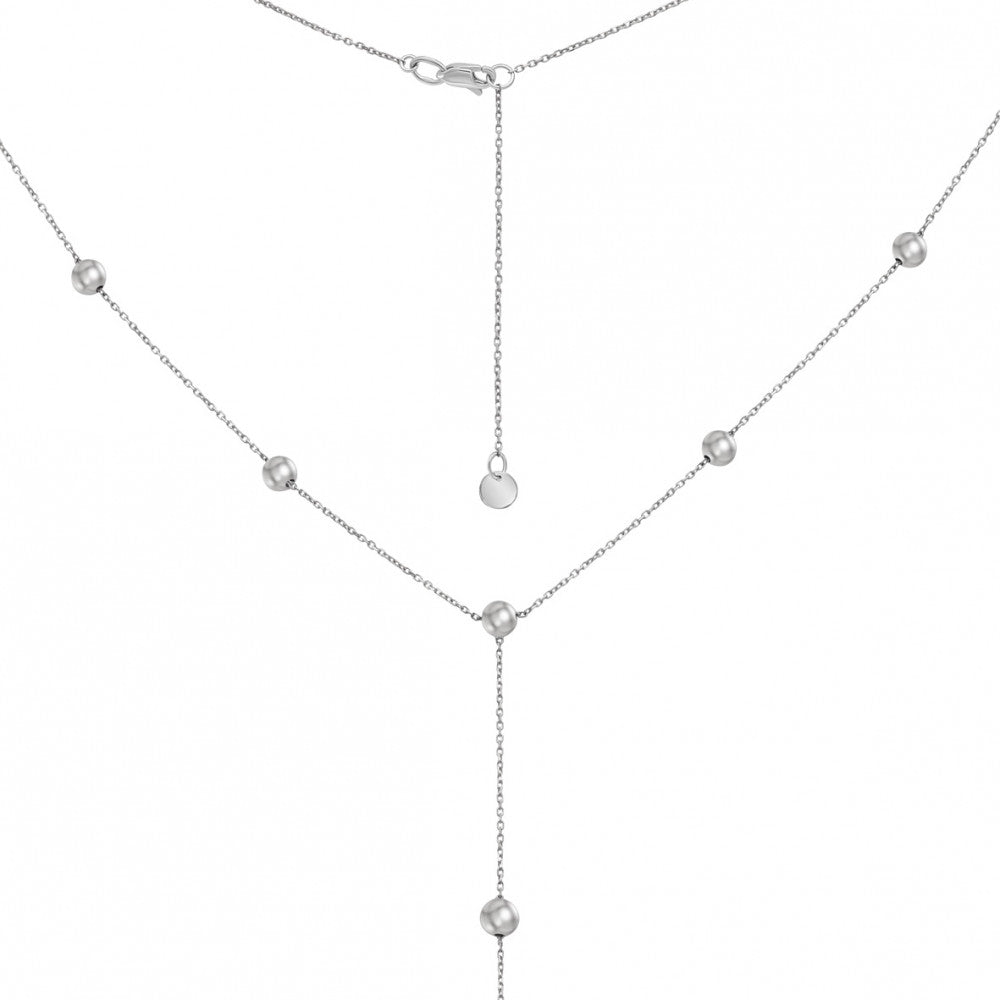 14K Solid White Gold Y Necklace with Bead Details, Delicate Lariat Necklace