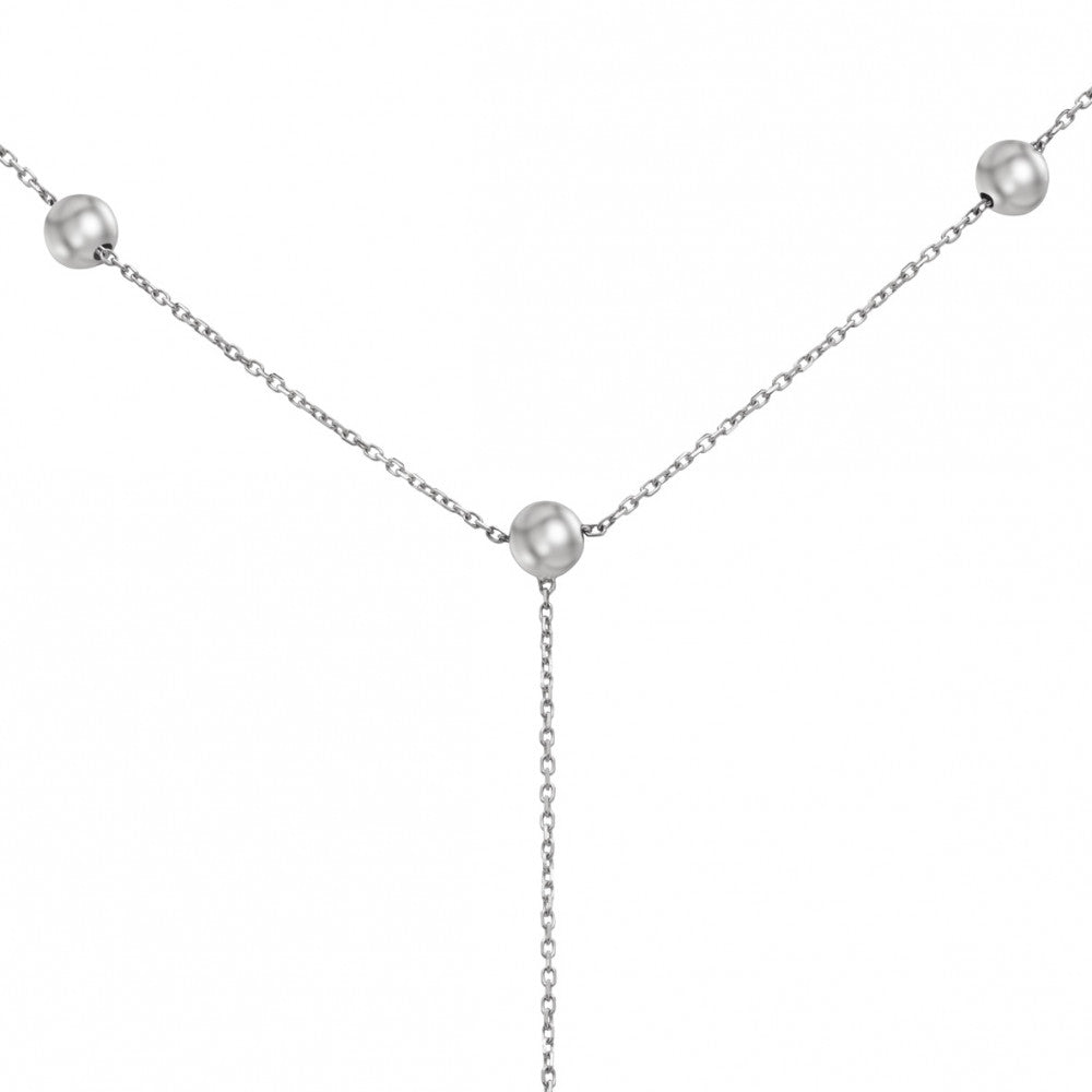 14K Solid White Gold Y Necklace with Bead Details, Delicate Lariat Necklace