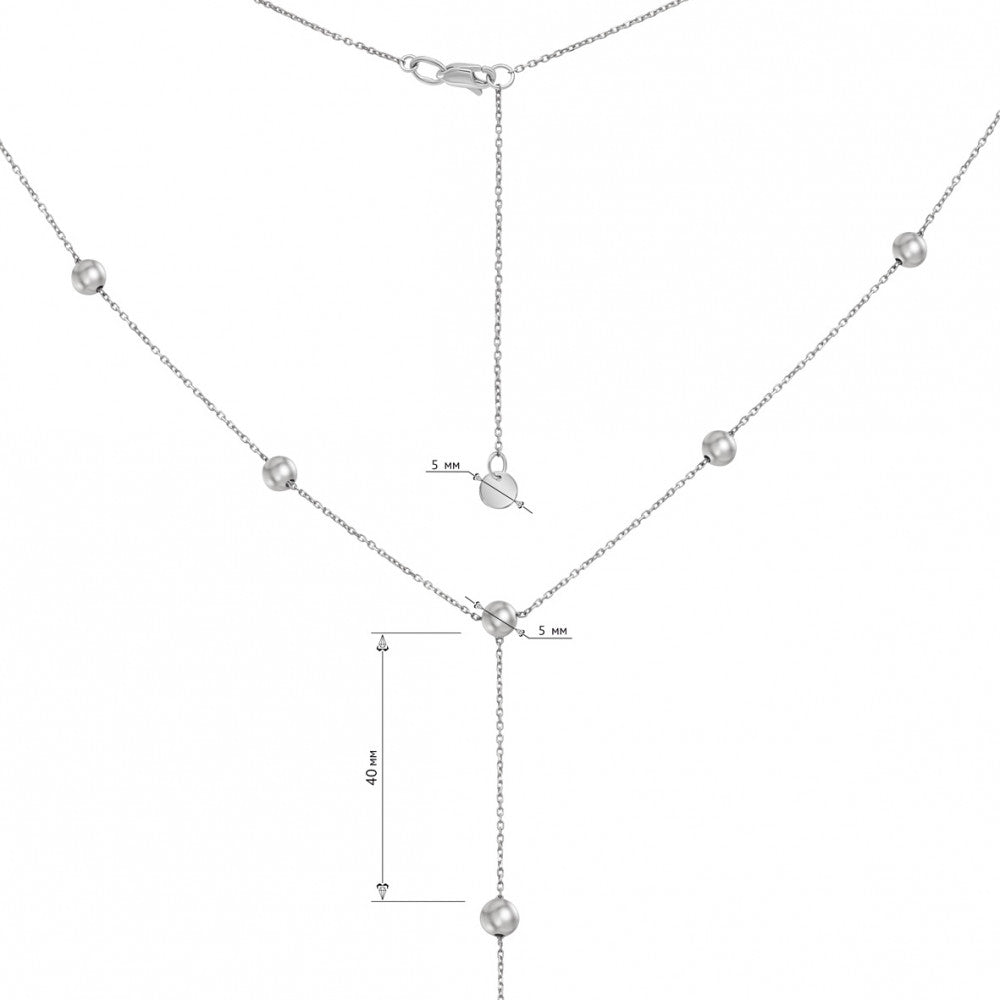 14K Solid White Gold Y Necklace with Bead Details, Delicate Lariat Necklace