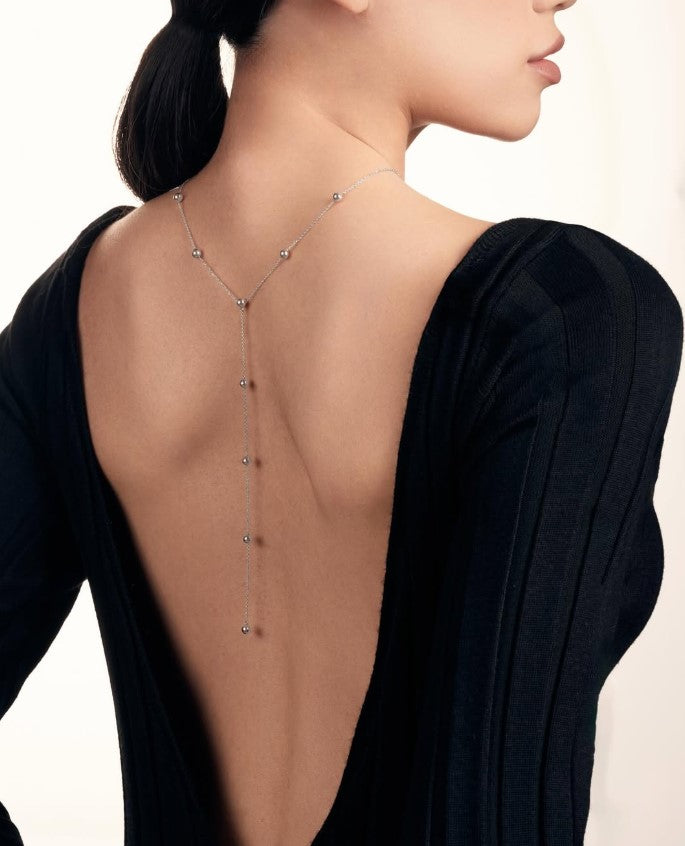 14K Solid White Gold Y Necklace with Bead Details, Delicate Lariat Necklace