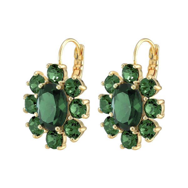 Floral Inspiration Emerald Green Crystals Gold Hook Earrings, Green Crystal Flower Charm Earrings