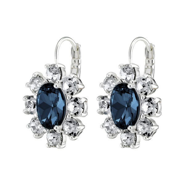 Floral Inspiration Sapphire And Clear Crystals Silver Hook Earrings, Blue White Crystal Flower Charm Earrings
