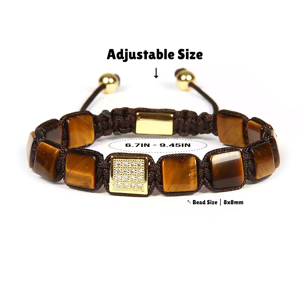 Tiger Eye Bracelet, CZ & Tiger Eye Square Bead Macrame Bracelet for Men