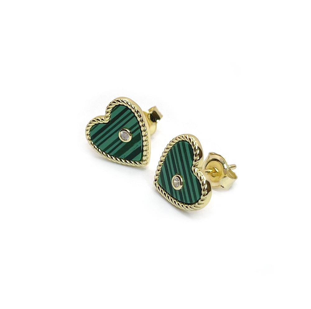 Malachite Heart Stud Earrings, Heart Shape Gemstone Earrings, Sterling Silver Earrings, Gold Plated Earrings