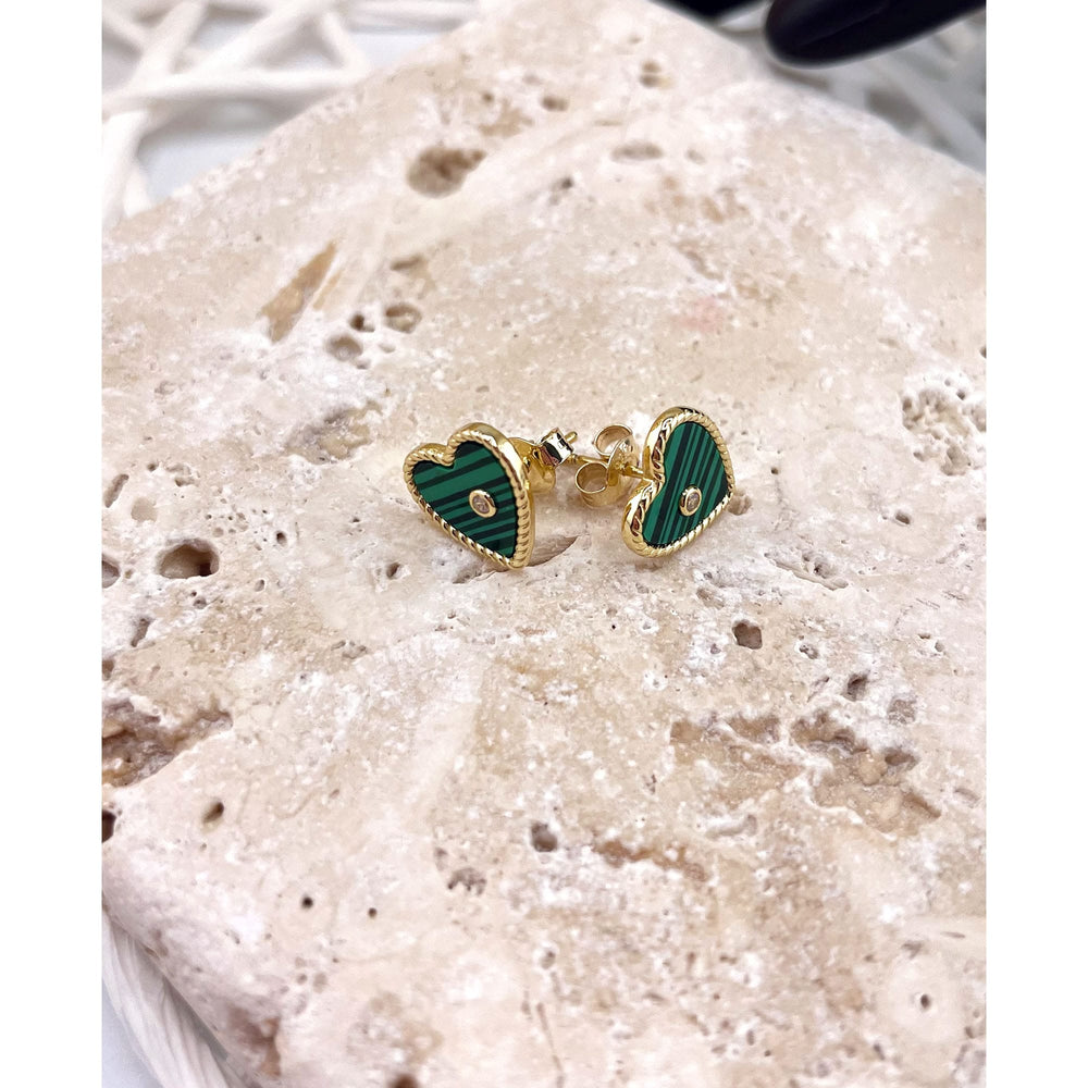 Malachite Heart Stud Earrings, Heart Shape Gemstone Earrings, Sterling Silver Earrings, Gold Plated Earrings