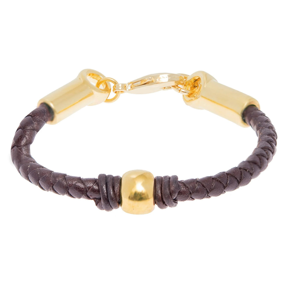 Black and Gold Bead Bracelet, Gold Plated Braided Leather Bracelet with one central round bead