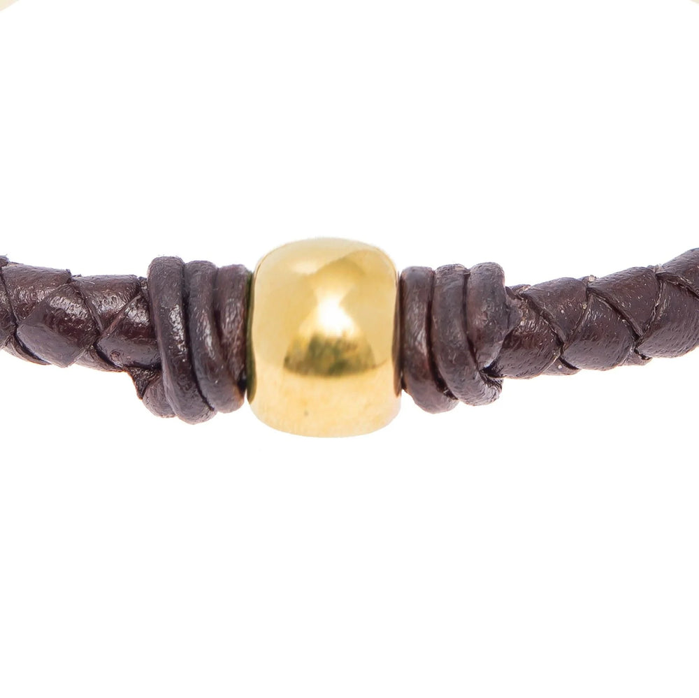 Black and Gold Bead Bracelet, Gold Plated Braided Leather Bracelet with one central round bead