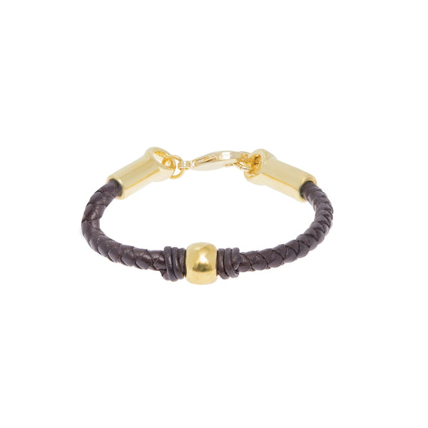 Black and Gold Bead Bracelet, Gold Plated Braided Leather Bracelet with one central round bead