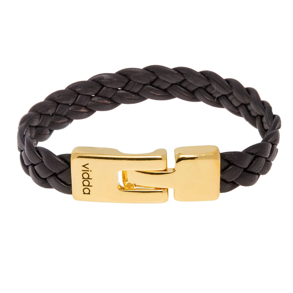 Mens Leather Braided Bracelet, Gold plated braided flat leather cord bracelet