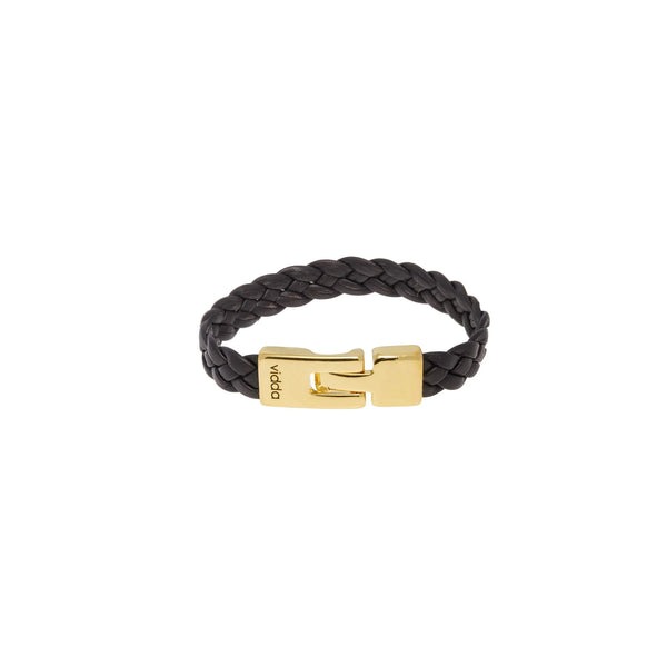 Mens Leather Braided Bracelet, Gold plated braided flat leather cord bracelet