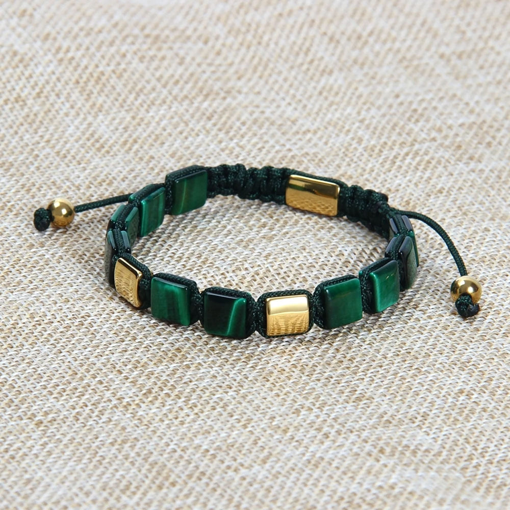 Green Tiger Eye Bracelet, Gold Square Bead & Green Tiger Eye, Macrame Bracelet for Men