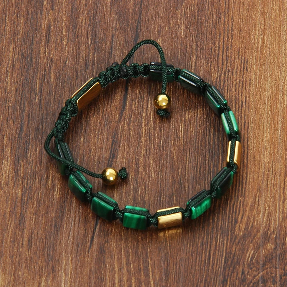 Green Tiger Eye Bracelet, Gold Square Bead & Green Tiger Eye, Macrame Bracelet for Men