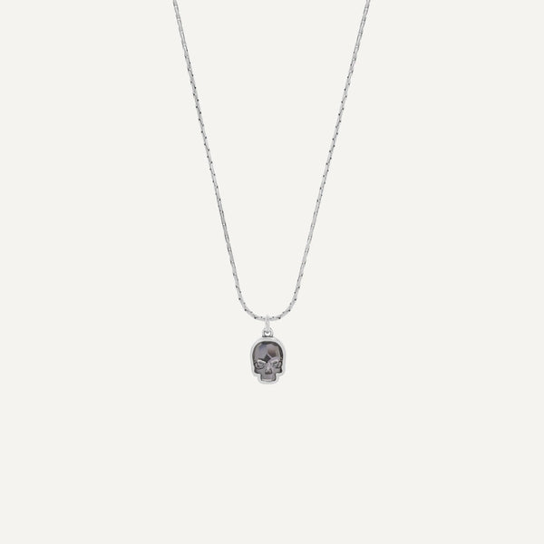 Silver Skull Necklace, Sterling silver plated oat chain necklace with a hanging small crystal skull charm