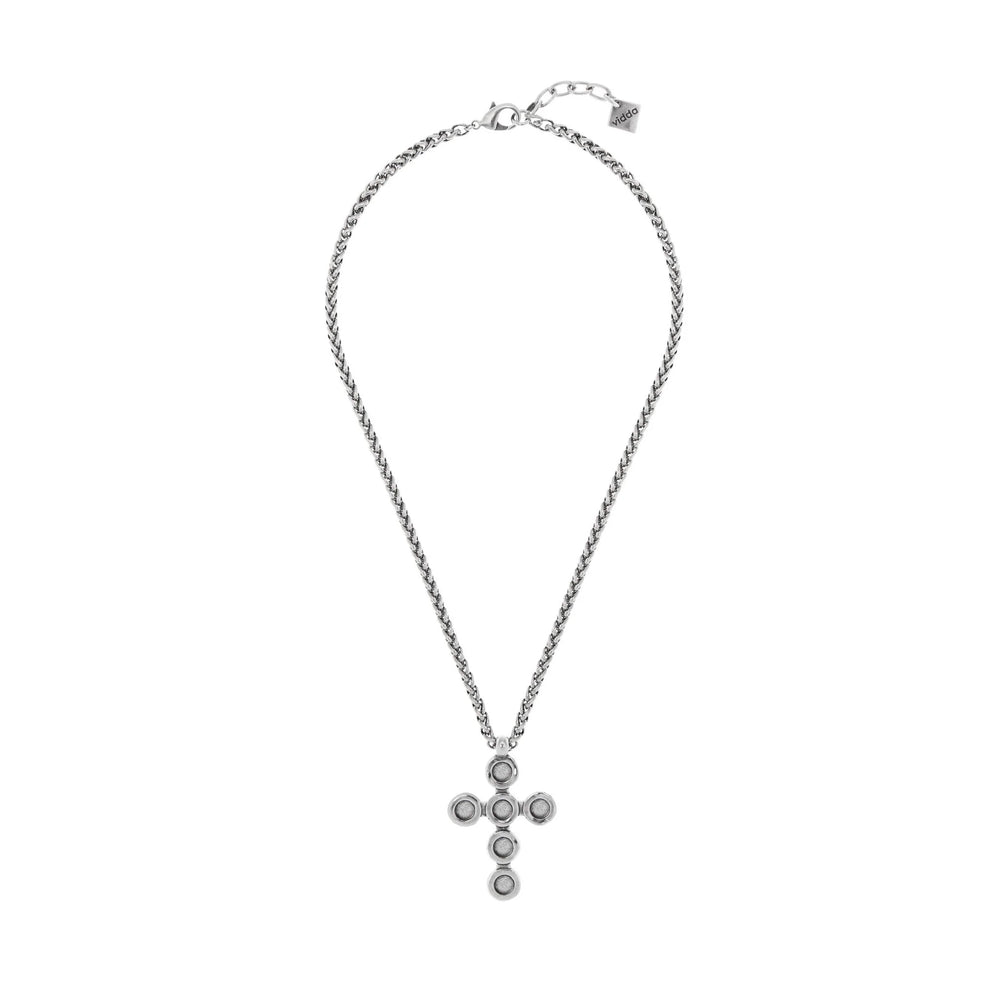 Silver Round Cross Necklace, Crystal Cross Necklace, Sterling silver plated big hanging cross with six circle crystals wheat chain necklace