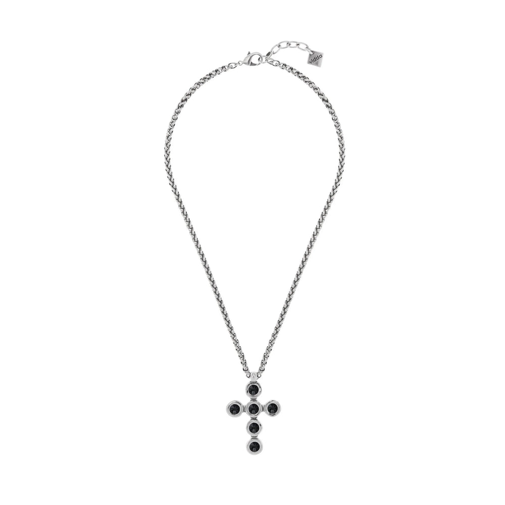 Silver Round Cross Necklace, Crystal Cross Necklace, Sterling silver plated big hanging cross with six circle crystals wheat chain necklace